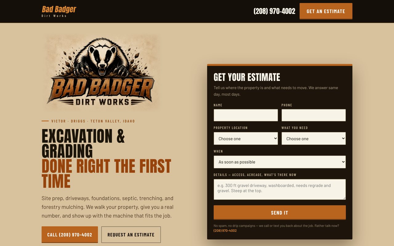 Bad Badger Dirt Works website