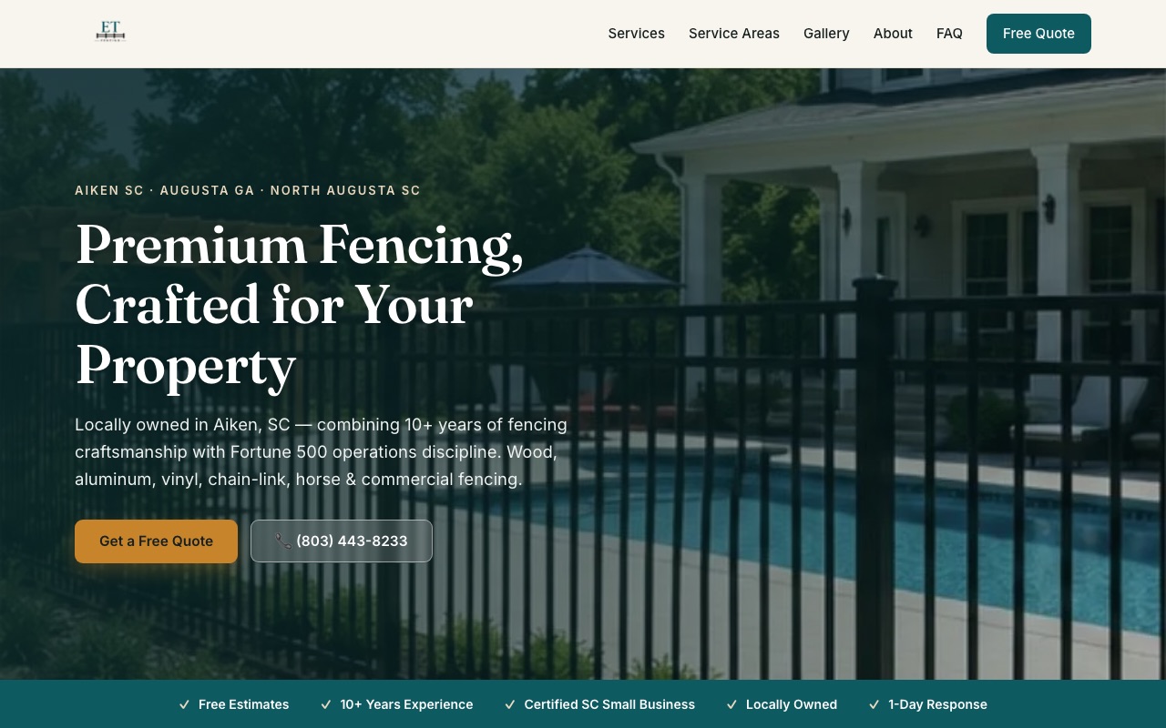 ET Fencing website showing fence installation services
