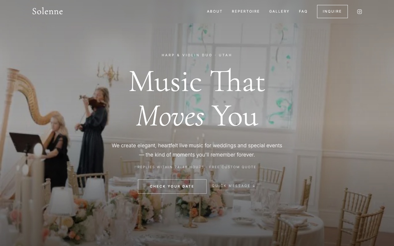 Solenne Duo harp and violin performance website